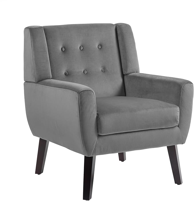 UIXE Accent Chair, Velvet Upholstered Armchair for Living Room, Modern Club Arm Chairs Comfy Single Sofa Button Tufted Bedroom Reading Seat - Gray, Set of 1-Ruum Studio Home