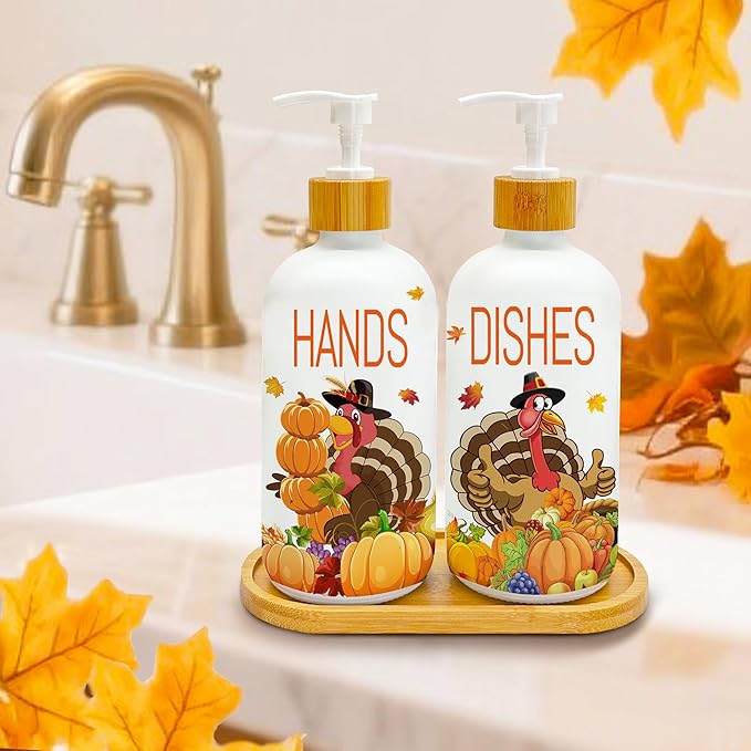 Hexagram Thanksgiving Decorations Indoor, Thanksgiving Kitchen Soap Dispenser Set of 2, Turkey Glass Soap Dispenser for Home Decor, Turkey Refillable Lotion Essential Oil Dispensers with Pump-Ruum Studio Home