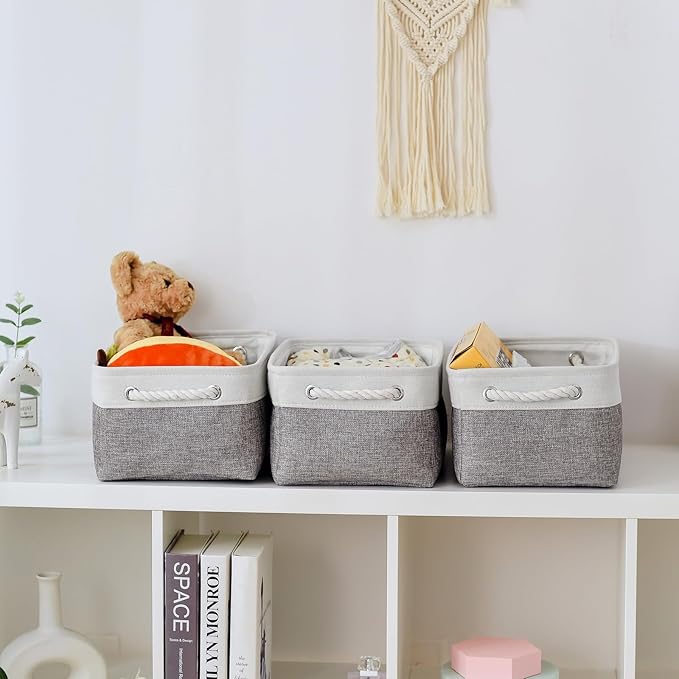 TheWarmHome Storage Bins for Shelves - 13.8L×9.8W×6.7H inch 3 Pack Medium Collapsible Storage Baskets for Organizing | Fabric Storage Cubes for Linen Closet Toy Home (White&Grey)-Ruum Studio Home