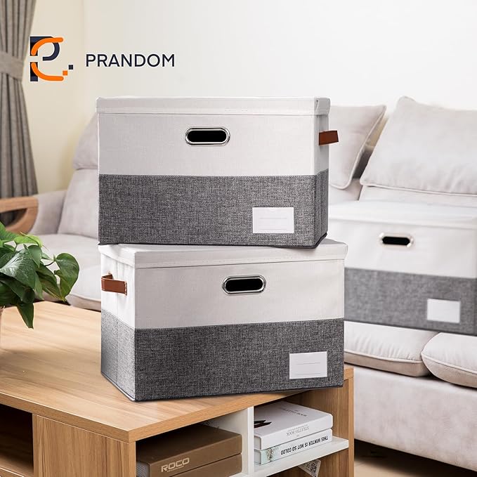 PRANDOM Foldable Storage Bins with Lids [3-Pack] Fabric Collapsible Storage Boxes Baskets Cubes Containers with Handles for Closet Living Room Bedroom (Grey & White 17.7x11.8x11.8'')-Ruum Studio Home
