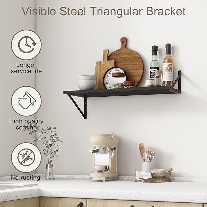 Fun Memories 27.5" W x12 D Floating Shelves, Black Wall Shelf with Brackets, 12 Inch Deep Floating Shelf Set of 2, Large Storage Kitchen Living Room Bathroom Shelves, Wood Wall Mounted Shelf-Ruum Studio Home