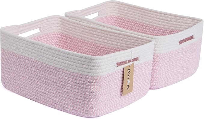 Large Storage Baskets for Shelves, Closet Organizers Bins for Clothes Blanket Towels, Baby Nursery, Toy Baskets Box, Woven Rope Baskets, 17 x 13 x 7.5”, 2 Packs Woven Pink-Ruum Studio Home