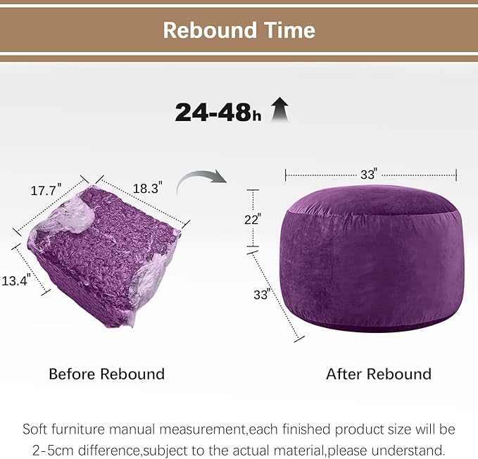 Bean Bag Chairs for Adults - Memory Foam Furniture BeanBag Chair - Kids/Teens Sofa with Soft Micro Fiber Cover - Round Fluffy Couch for Living Room Bedroom College Dorm - 3 ft, Purple-Ruum Studio Home
