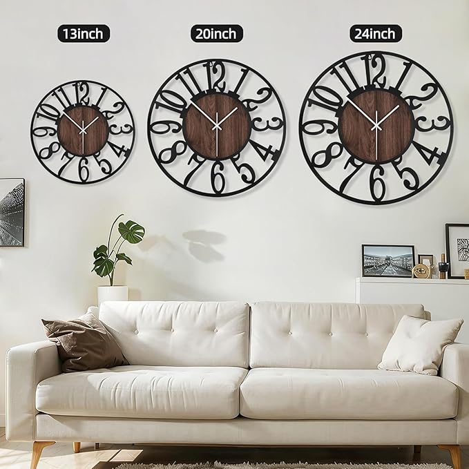 Maxstar Large Round Wall Clock for Living Room Decor Battery Operated Non Ticking Black Metal Wood Clocks for Home Living Room Garden Farmhouse Office Kitchen Decoration -24 inch-Ruum Studio Home