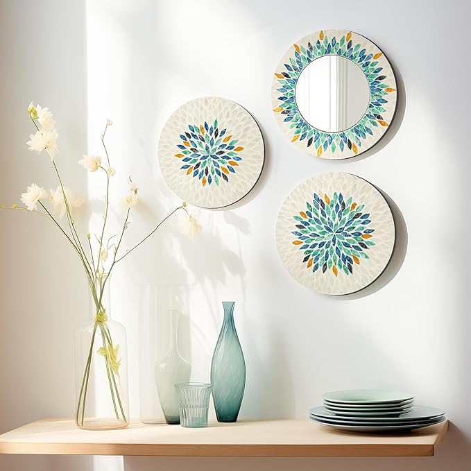 TEIPAI Jewel-Tone Mother of Pearl Mirror Wall Decor for Living Room, 3PCS Handmade Round Wall Art for Home Guest Room Decoration, Unique Mosaic Art Gift for Birthday Wedding Housewarming (Colored)-Ruum Studio Home