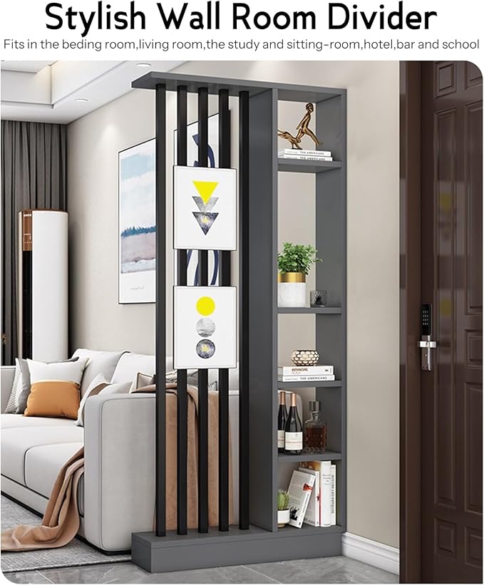 Wall Room Divider, Storage Cabinet Storage Display with Shelves, Modern Freestanding Wood Room Divider Screen, Wall Privacy Screens for Home Decorative (Grey,35.4" L x 9.5" W x 79.5" H)-Ruum Studio Home