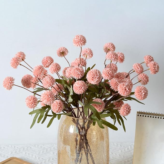 Faux Pink Kiku Flower, 10 Stems with 5 Heads Each & 4 Branches Eucalyptus Stems, Artificial Small Mini Chrysanthemum Flowers for Aesthetic Room Decor, Floral Arrangements Centerpiece-Ruum Studio Home