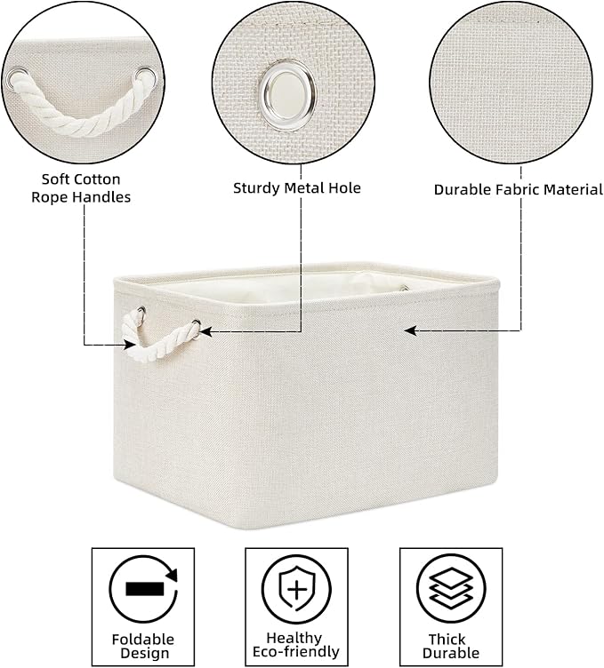 Bidtakay Baskets Collapsible Large Toy Storage Baskets for Organizing Set of 3 Closet Organizer Linen Cream Storage Bins 15 X 11 X 9.5 Inch Shelf Organizer Bins for Nursery Storage (Light Beige)-Ruum Studio Home
