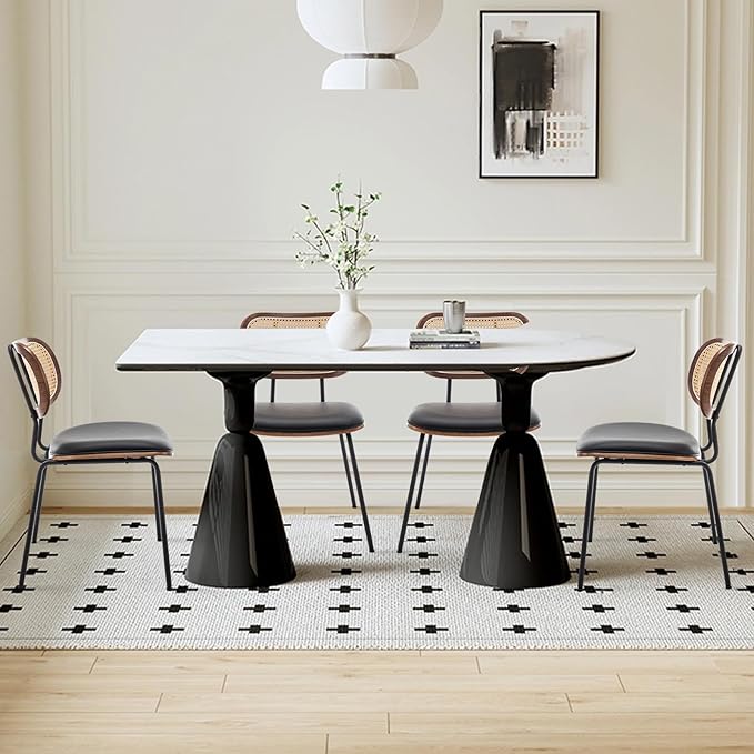 Rattan Dining Chairs Set of 4, Mid Century Modern Dining Chairs with Cane Back for Kitchen Dining Room, 19 Inch Faux Leather Black-Ruum Studio Home