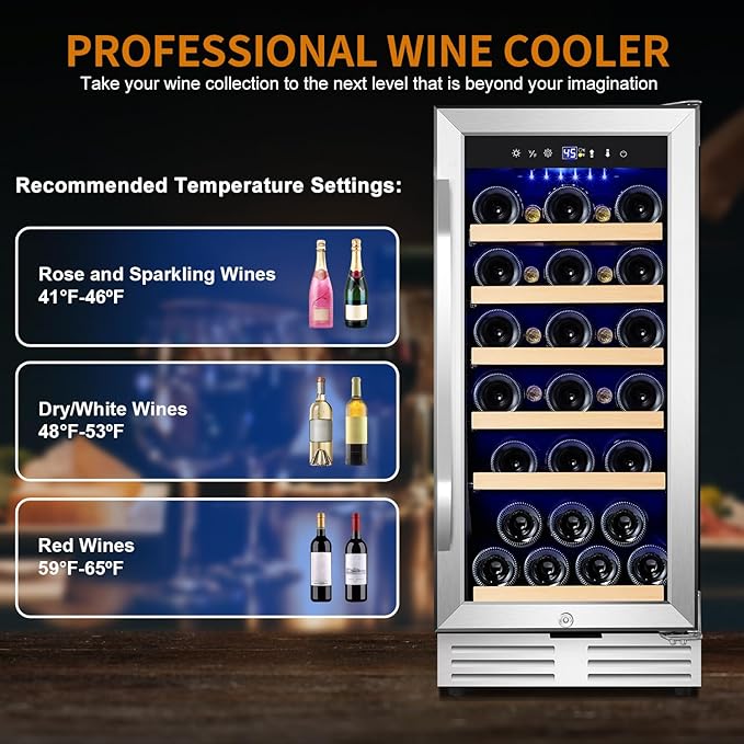 15 Inch Wine Fridge 32 Bottles Wine Cooler Refrigerator Undercounter Wine Fridge with Glass Door, LED Light, Removable Wooden Shelves, Built-in or Freestanding Wine Refrigerator for Home Office Bar-Ruum Studio Home