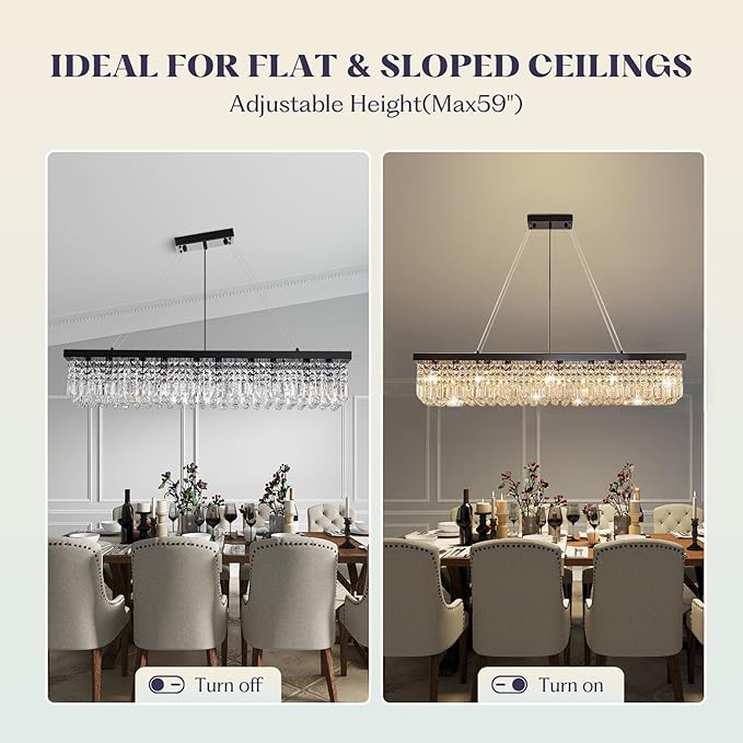 Rectangular Black Crystal Chandelier,10 Light Crystal Chandeliers for Dining Room, Rectangle Light Fixture for Kitchen Island L47''xW10''x H10''-Ruum Studio Home