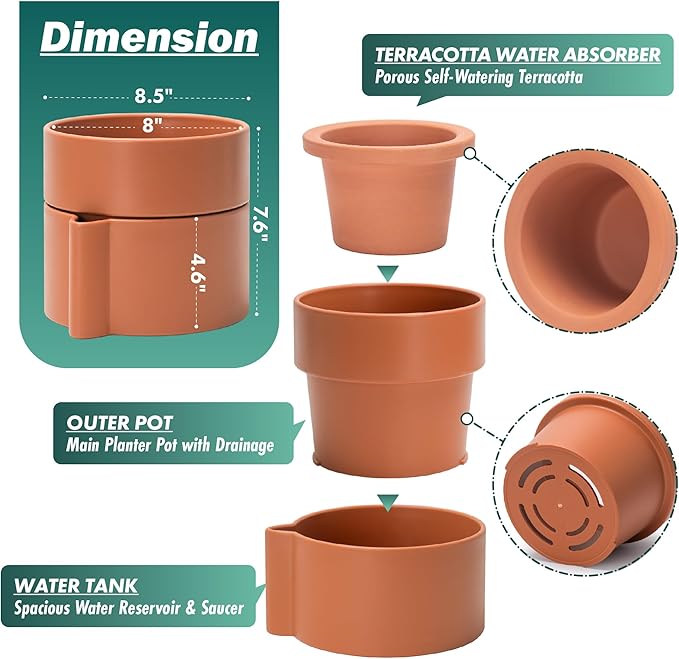 8 Inch Self-Watering Planter Pot with Terracotta Insert, Deep Water Reservoir, and Ceramic-Alike BPA-Free Plastic Planter Pot for Plant, Modern Planter for Houseplants, Terracotta, 53-A-T-3-Ruum Studio Home