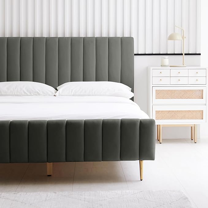 Livinia Full Size Elton Velvet Platform Bed, Upholstered Bed Frame with Vertical Channel Tufted Headboard Footboard, Strong Wood Slats, No Box Spring Needed, Gray (Full)-Ruum Studio Home