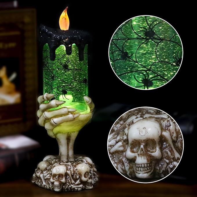 Eldnacele Halloween Snow Globe Candles Lighted Lamp USB Powered Battery Operated Spooky Spinning Water Glittering Tornado Flameless Candles Skeleton Hand Holder Halloween Centerpiece Decor(Spider)-Ruum Studio Home