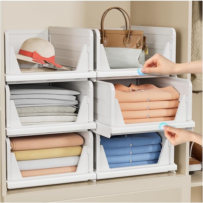 6 Pack Stackable Closet Storage Basket - Stackable Storage Bins, Multifunctional & Foldable Closet Organizer, Wardrobe Storage Space-Saving Clothes Storage Drawer Organizer, White-Ruum Studio Home