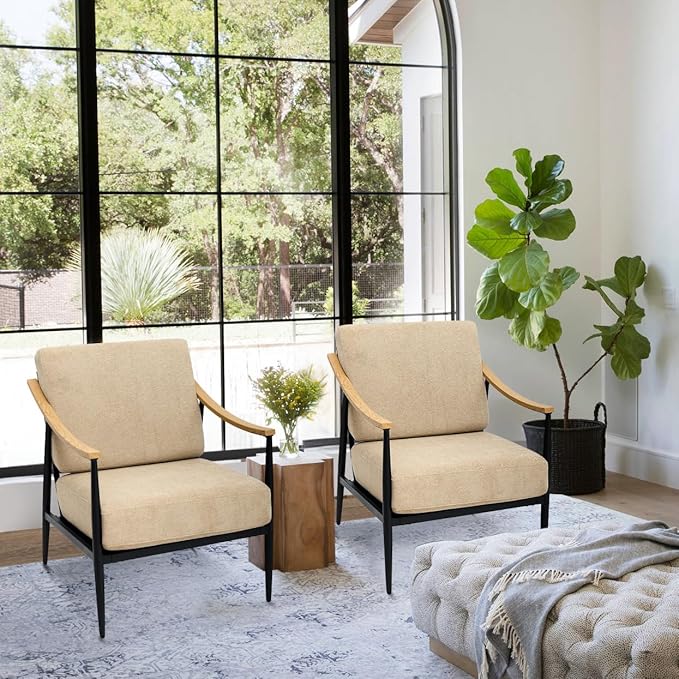 Modern Accent Chairs Set of 2 for Living Room Bedroom Mid Century Arm Chairs Upholstered Office Accent Chairs Comfy Waiting Room Chairs with Metal Frame, Khaki-Ruum Studio Home