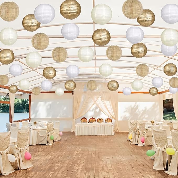 Paper Lanterns Gold White Round Hanging Chinese Lanterns for Wedding Birthday Party Boho Baby Shower Decorations Pack of 12-Ruum Studio Home