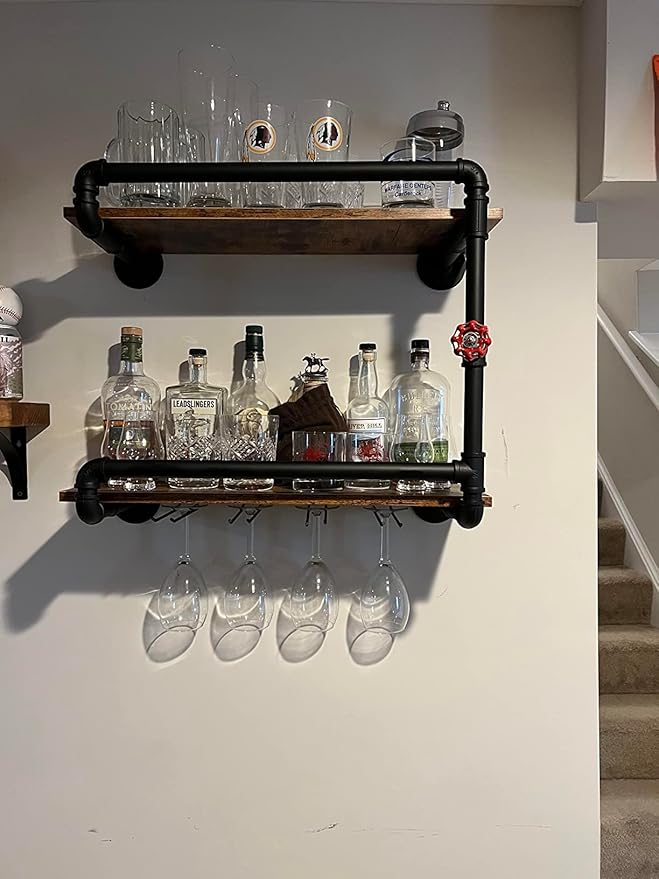 Wine Rack Wall Mounted 2 Tier, Hanging Floating Small Mini Bar Liquor Shelves with Glass Holder Storage Under, Industrial Rustic Pipe Farmhouse Kitchen Decor Black(23.6x10.6x19.7)-Ruum Studio Home