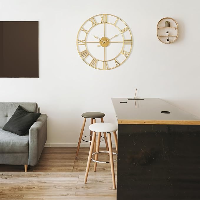Large Wall Clock - 40cm/ 16 Inches Silent Non-Ticking, Battery Operated, Gold Vintage Decorative Modern Metal Wall Clocks for Living Room, Bedroom, Office, Farmhouse Decor-Ruum Studio Home