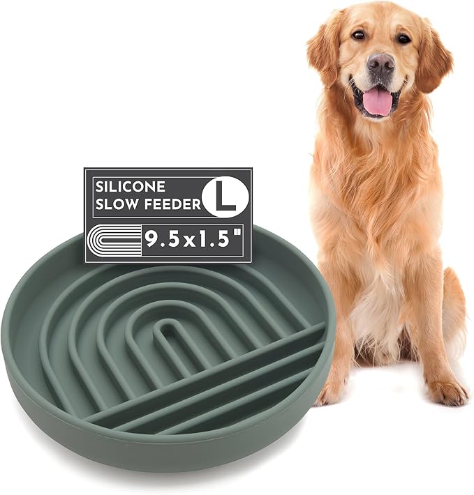 The Slowdown Bowl Silicone Slow Feeder for Dogs & Puppies, Slow Eating, Modern Lick Mat Design, Reduces Gulping, Fits 2.5 Cups 9.5” Across x 1.5” Tall, Mealtime Challenge, Large-Spruce-Ruum Studio Home