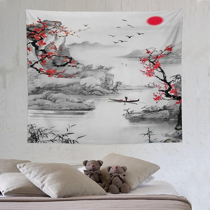 Cherry Blossoms Tapestry,Japanese Red Landscape Watercolor Abstract Art Tapestry,Asian Japanese Wall Tapestry, Nature Landscape Tapestries for Bedroom Living Room Decor 60"x50"-Ruum Studio Home