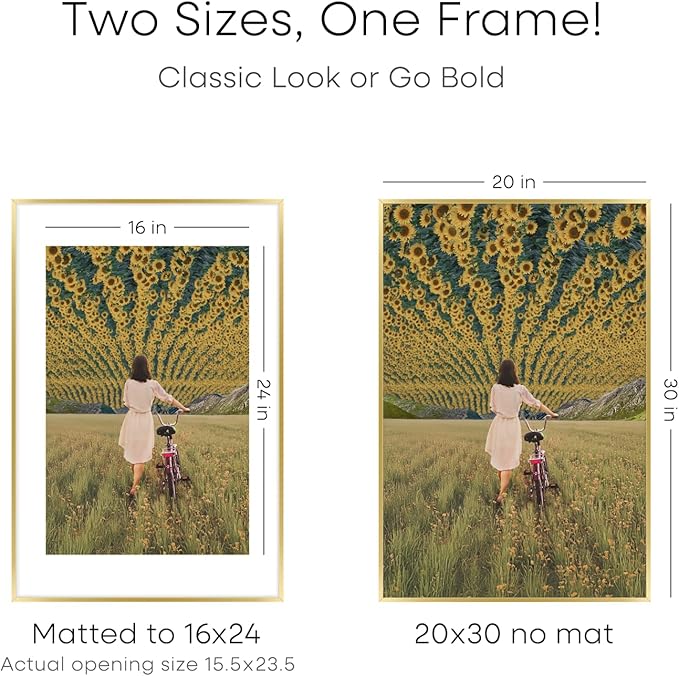 Homeforia 20x30 Poster Frame Gold, High End Metal 20 x 30 Picture Frames with Mat 16 by 24 Photo, 20x30 Gold Frame Matted to 16x24 Print, 30x20 Large Hanging Frames, Tempered Glass, Wall Kit, Set of 1-Ruum Studio Home
