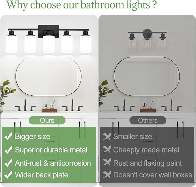 5-Light Black Bathroom Vanity Light Fixture with Milky White Frosted Glass Shades, Bathroom Light Fixture for Mirror, Matte Finish, Reversible Up/Down Lighting for Bedroom, Living Room, Hallway-Ruum Studio Home