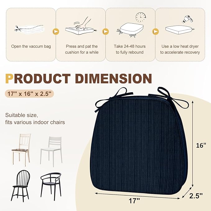downluxe Chair Cushions for Dining Chairs, Waterproof Kitchen Chair Pads, Non-Slip Dining Seat Cushion with Ties, 17" x 16" x 2.5", Navy, 4 Pack-Ruum Studio Home