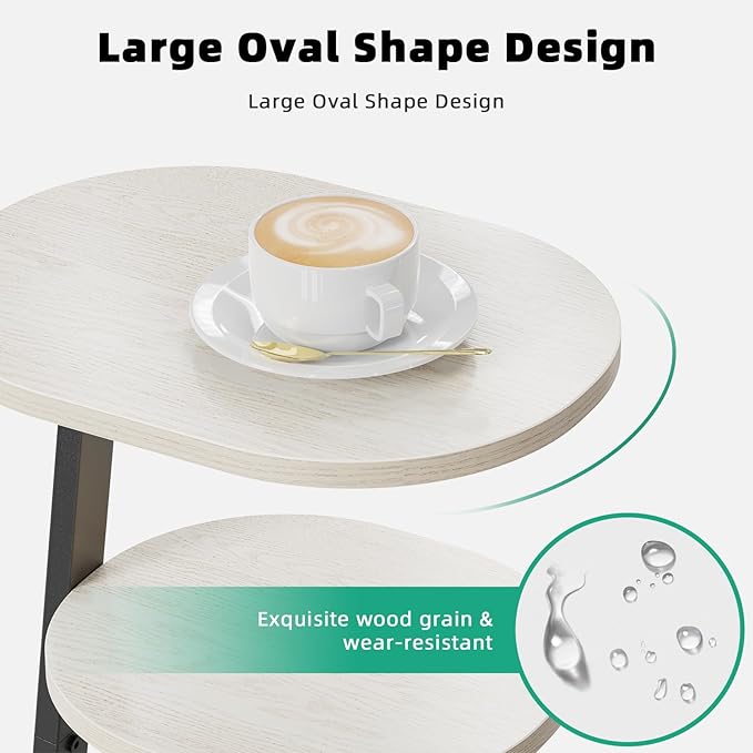 Side Table, Small End Table with Metal Frame, 3-Tier Bedside Tables, Round Side Tables for Living Room Bedroom Couch Bathroom, Oval, White Maple-Ruum Studio Home