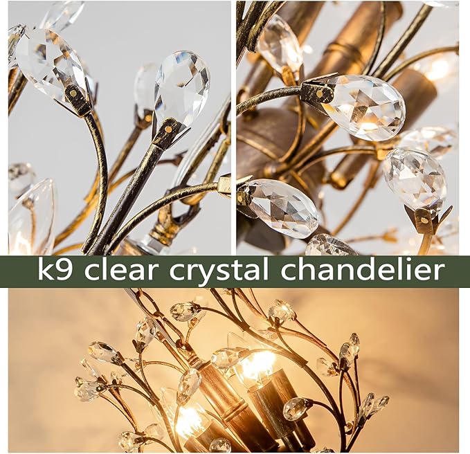 5-Light Vintage Crystal Branch Chandelier Farmhouse Hanging Pendant Light Fixtures for Living Room Dining Room Foyer Kitchen Island Hallway, Aged Bronze-Ruum Studio Home