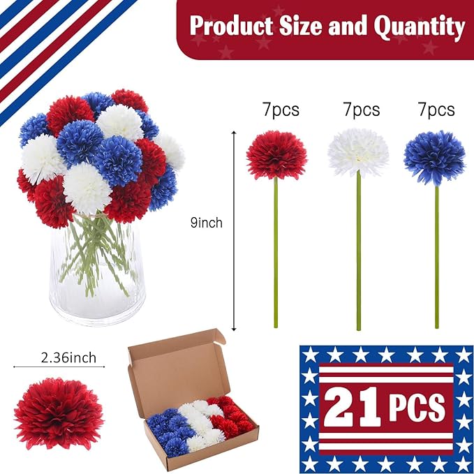 Kimura's Cabin 21Pcs Faux Chrysanthemum Flowers 4th of July Patriotic Flower Decor Artificial Mums Memorial Day Fake Ball Flower Home Event Table Centerpieces DIY Decoratio (Red White Blue-Ruum Studio Home