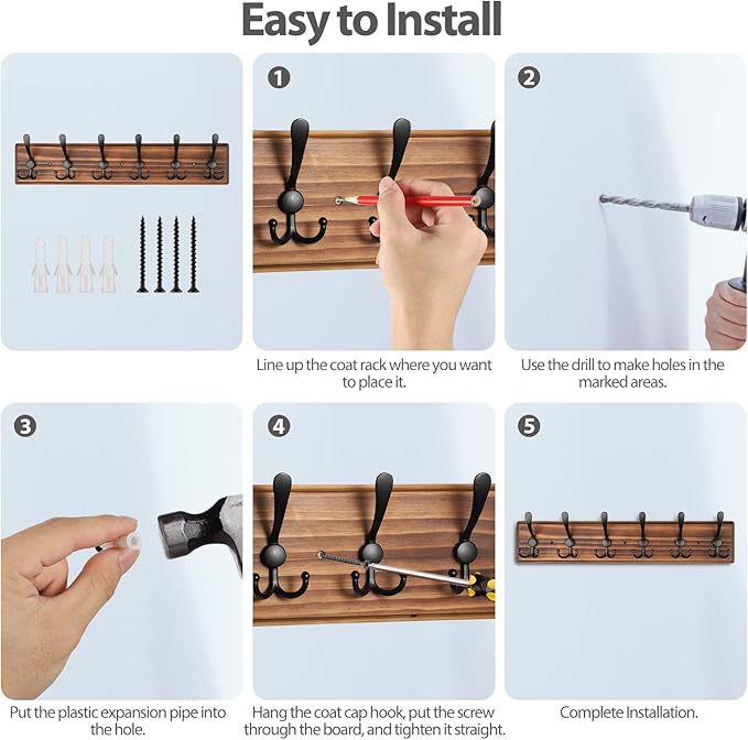 Coat Rack Wall Mount, Wooden Heavy Duty Coat Rack for Wall,6 Triple Coat Hanger Hooks for Hanging Coats,Jacket,Hat,Clothes (Brown, 6 Hooks)-Ruum Studio Home