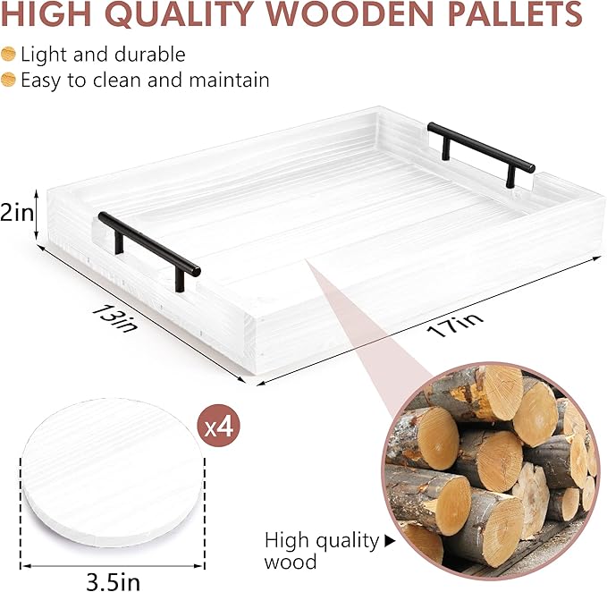 Ottoman Tray | Wooden Serving Tray with Handles & Coasters - 17x13 Inch, Rustic, White, Solid, Rectangular, Vintage, Lightweight-Ruum Studio Home