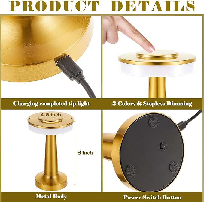 VIHOSE Set of 8 LED Portable Cordless Table Lamp with Touch Sensor 3 Color Stepless Dimming Rechargeable Battery up to 15 Hours Cordless Table Light Wireless Lamp for Nursery(Gold)-Ruum Studio Home