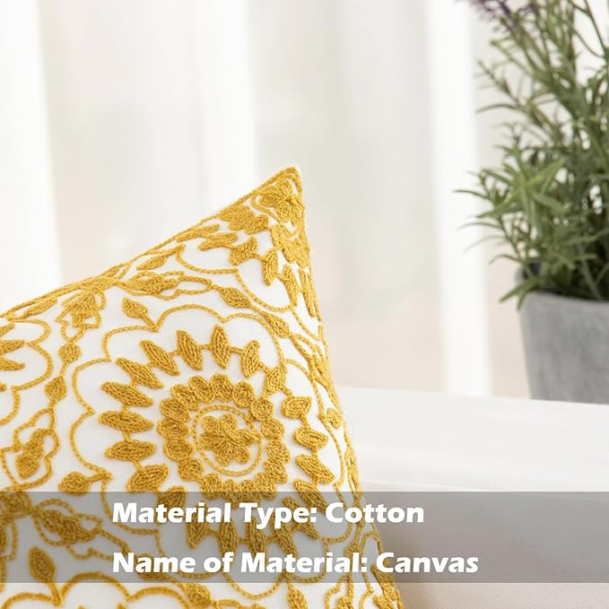 HWY 50 Yellow Decorative Throw Pillow Covers 18x18 Inch (1 Piece), Embroidered Cotton Farmhouse Cushion Cover Pillow Case for Sofa Couch Living Room Bed, Little Sunflower-Ruum Studio Home