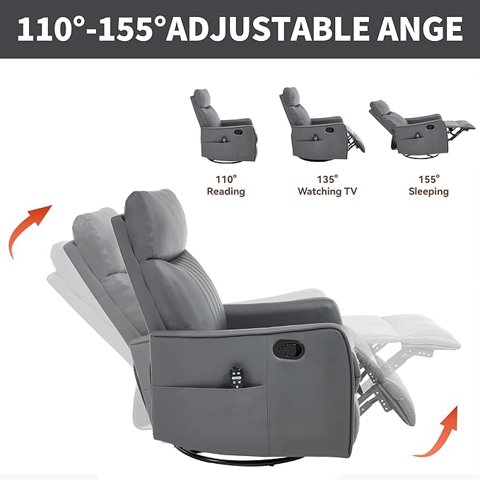 Manual Swivel Rocker Recliner Chair for Adults, Overstuffed Reclining Glider Chair for Nursing with Vibration Massage & Heat, Living Room Rocking Recliner 2-Stage backrest, Faux Leather Gray-Ruum Studio Home
