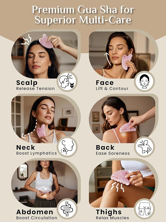 Rena Chris Body Gua Sha Tools, Natural Rose Quartz Jade GuaSha Tool, Manual Massage Sticks for Jawline Sculpting and Puffiness Reducing, Whole Body Skin Care Massager (Pink)-Ruum Studio Home