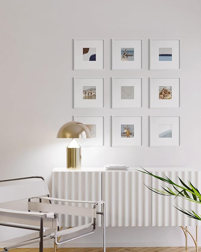 HAUS AND HUES 10x10 White Metal Picture Frames Matted to 5x5 - Features Premium Aluminum & Hanging Hardware, Shatterproof Plexiglass - Ideal for Home, Room, Office (10x10 in, White, Set of 9)-Ruum Studio Home