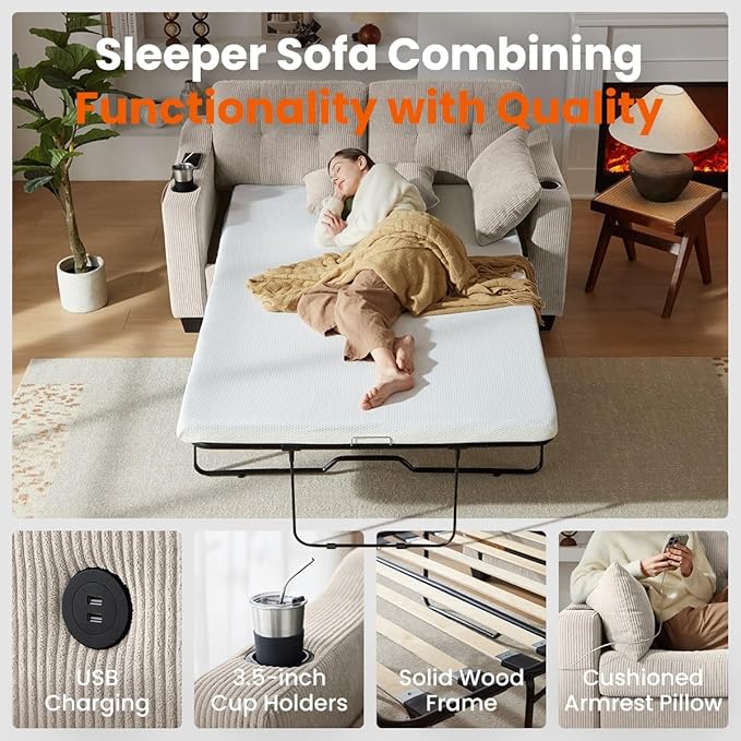 CHIC HOUSE Pull Out Sofa Bed, Full Size Sleeper Sofa, 2-in-1 Convertible Corduroy Couch with USB Charging, Memory Form Couch for Living Room, Apartment and Small Space (Beige, Corduroy - Full Size)-Ruum Studio Home