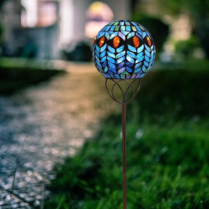 Afirst Solar Outdoor Garden Lights Decorative - Mosaic Solar Stakes Gazing Ball Waterproof Outdoor Lights Stakes for Pathway Yard Lawn Decoration(Green)-Ruum Studio Home