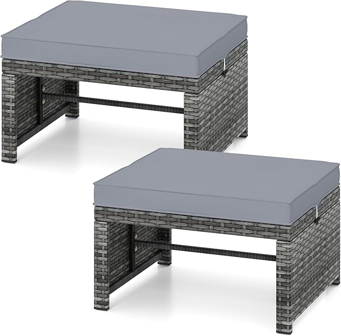 Tangkula 2 Pieces Patio PE Rattan Ottomans, Multipurpose Outdoor Footstool Footrest Additional Seating Side Table with Soft Zippered Cushions for Deck, Garden, and Yard (Gray)-Ruum Studio Home