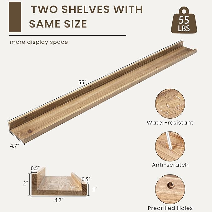 Floating Shelves for Wall, Picture Ledge Shelf 55 Inch Solid Wood Set of 2, Rustic Wall Shelves with Lip, Kids Bookshelf, Photo & Picture Live Edge Floating Shelves for Bedroom, Living Room, Kitchen-Ruum Studio Home