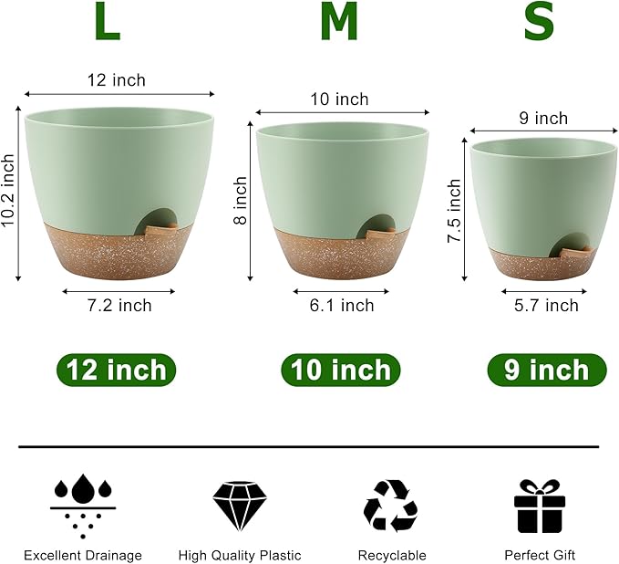Plant Pots 12/10/9 Inch Self Watering Pots, Set of 3 Plastic Planters with Drainage Holes and Saucers,Plastic Flower Pots,Nursery Planting Pot for Indoor Out Door Plants(Green)-Ruum Studio Home