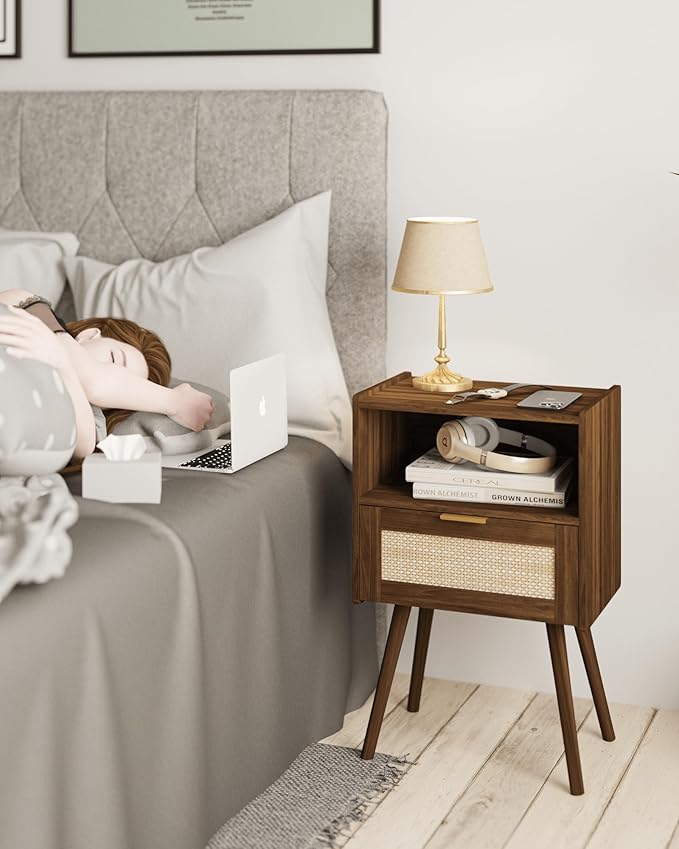 Rattan Nightstand,Modern Bedside Table with Storage Drawer and Open Wood Shelf, for Living Room, Bedroom and Small Spaces, Accent Night Stand with Solid Wood Legs, Easy Assembly,Walnut Brown-Ruum Studio Home