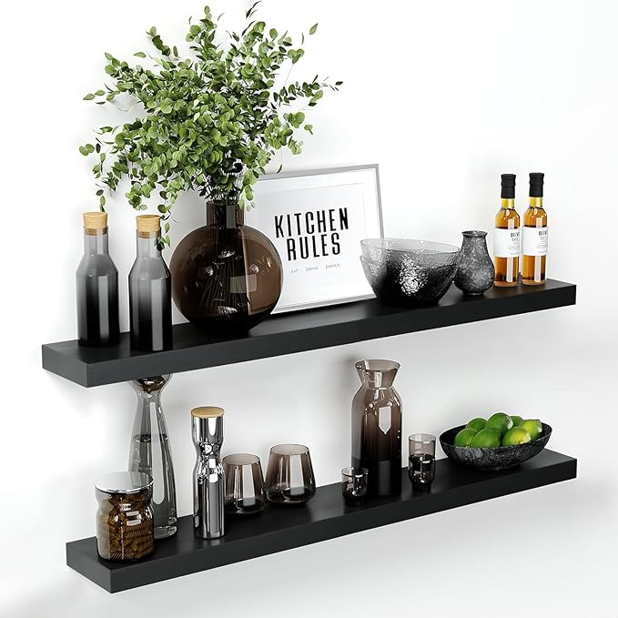 Homeforia Floating Black Shelf 42 inch, High End Solid Real Wood 42 inches Long Floating Shelves for Wall, Black Wooden 42inch Large Floating Shelves, Heavy Duty Bracket, 42 X 6.5 X 1.75 in, Set of 2-Ruum Studio Home