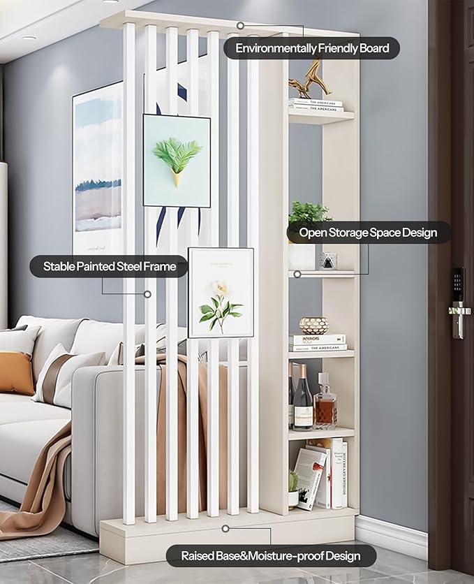 Wall Room Divider, Storage Cabinet Storage Display with Shelves, Modern Freestanding Wood Room Divider Screen, Wall Privacy Screens for Home Decorative (Beige+White,39.5" L x 9.5" W x 79.5" H)-Ruum Studio Home