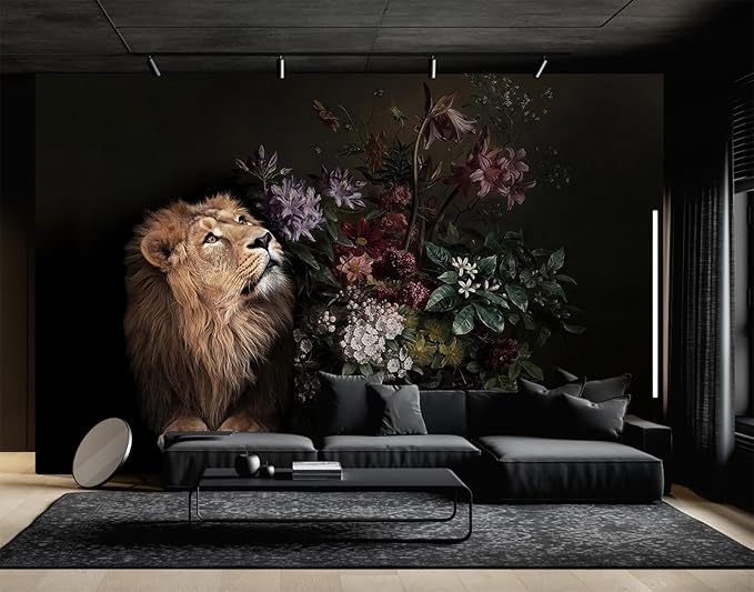 Lion Floral Wallpaper Nursery Wildlife Background Wall Mural Children's Room (Not Peel and Stick)-Ruum Studio Home