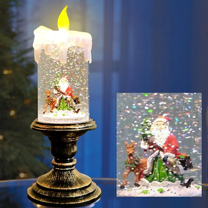 Eldnacele Battery Operated Lighted Flameless Candles Christmas Snow Globe Candle Light Swirling Water Glittering Spinning Candles for Home Decoration(Santa)-Ruum Studio Home