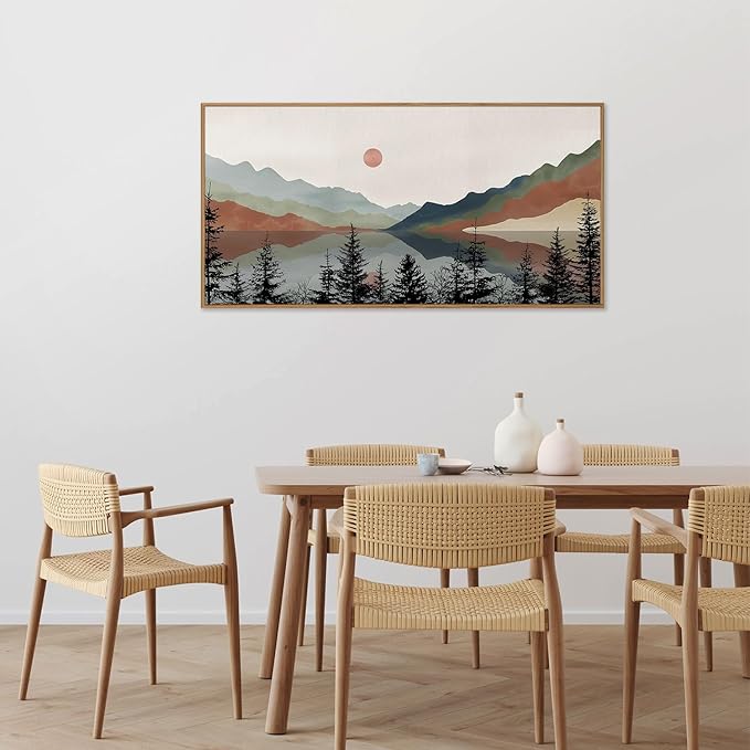 Tinonedraw Boho Mountain Framed Canvas Wall Art Set, Watercolor Nature Landscape Wall Decor, Neutral Modern Sunrise Artwork, Black Pine Trees Forest Art Prints for Living Room Bedroom Office 20"x40"-Ruum Studio Home