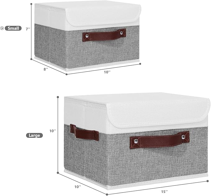 ANMINY Storage Boxes with Lids Washable Decorative Storage Bins Basket with PU Leather Handle Foldable Linen Fabric Storage Cubes Containers for Home Closet Organizer - Gray White, Small Size-Ruum Studio Home